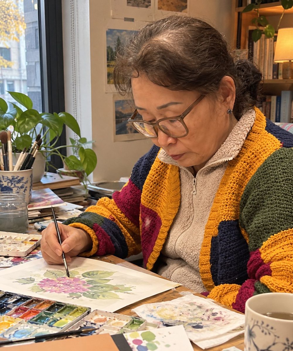 Miae Lee painting a purple hydrangea in watercolor at her studio table