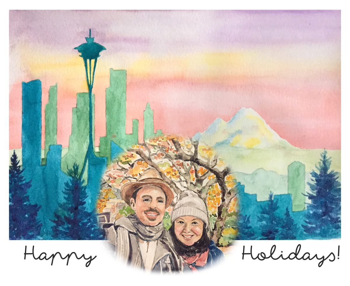 Custom holiday card of a couple painted in front of the Seattle skyline