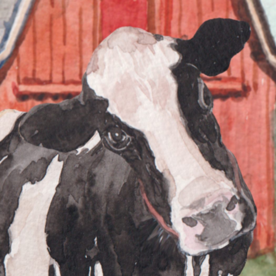 Watercolor of a Holstein cow in front of a red barn