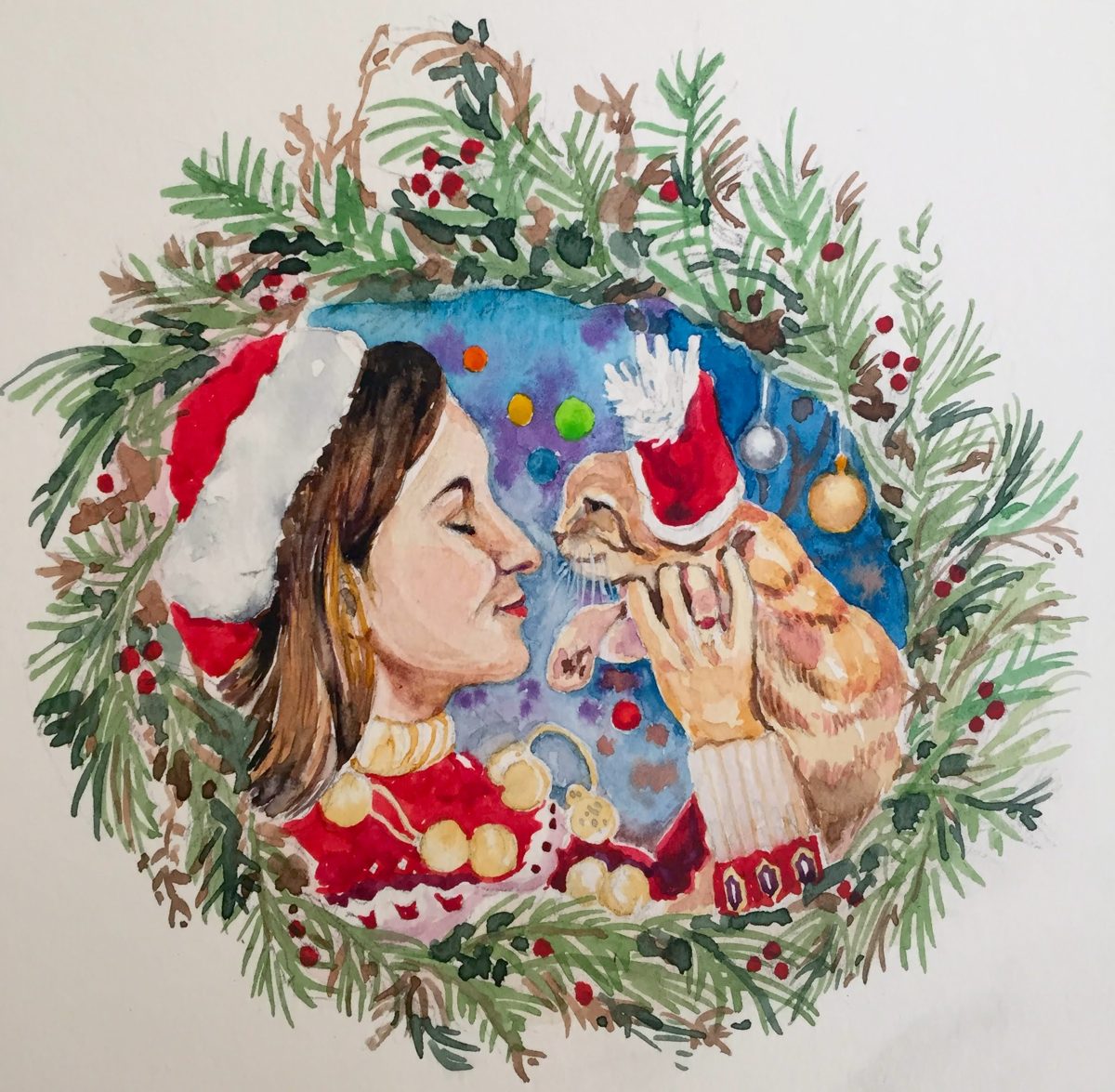 Commissioned watercolor of a woman with her cat in a holiday wreath